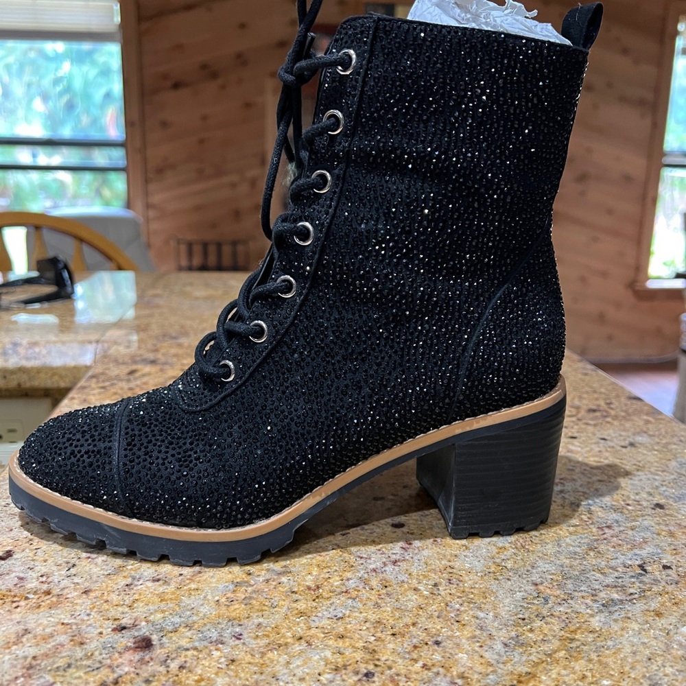 INC Black Sparkle lace up boots with zipper on side. Rubber sole. NEW